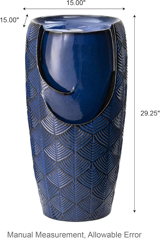 Glitzhome 29.25" H Oversized Ceramic Vase Outdoor Water Fountain, Tall Scale-Like Textured Glaze Patio Garden Water Fountain with LED Light and Submersible Pump Yard Art Decor, Cobalt Blue