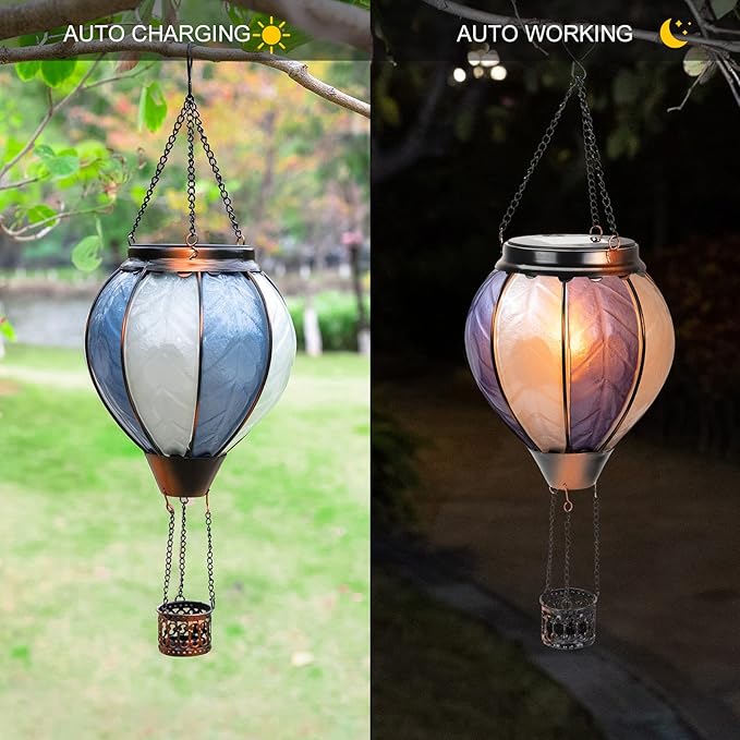 18inch Hot Air Balloon Solar Lantern with Flickering Flame Hanging Solar Outdoor Lantern Lights Waterproof Lanterns for Garden Patio Yard Party Decoration