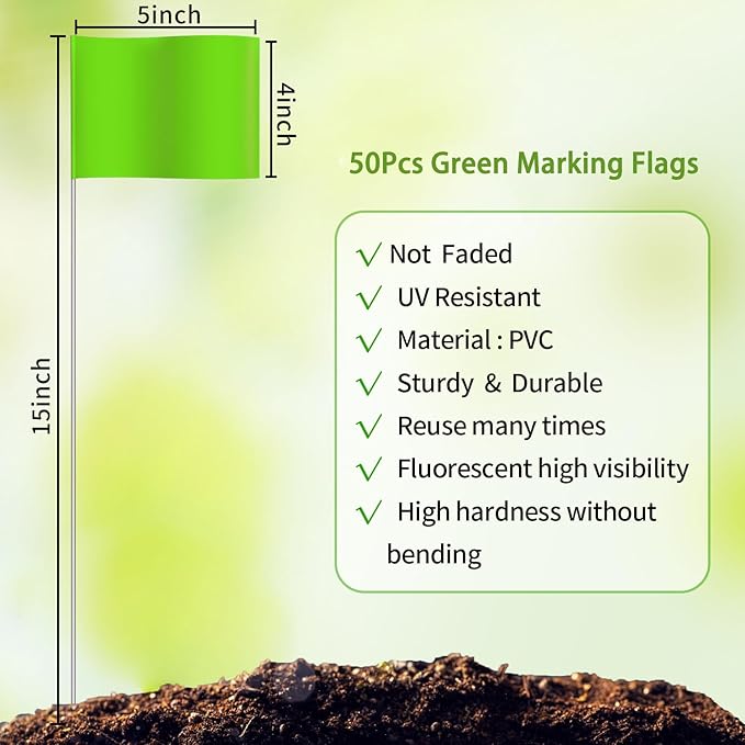 Zozen 50Pack Green Marking Flags, Writable/15x4x5 Inch, Yard Flags for Lawn & Irrigation & Landscape & Sprinkler & Survey & Dog Training.