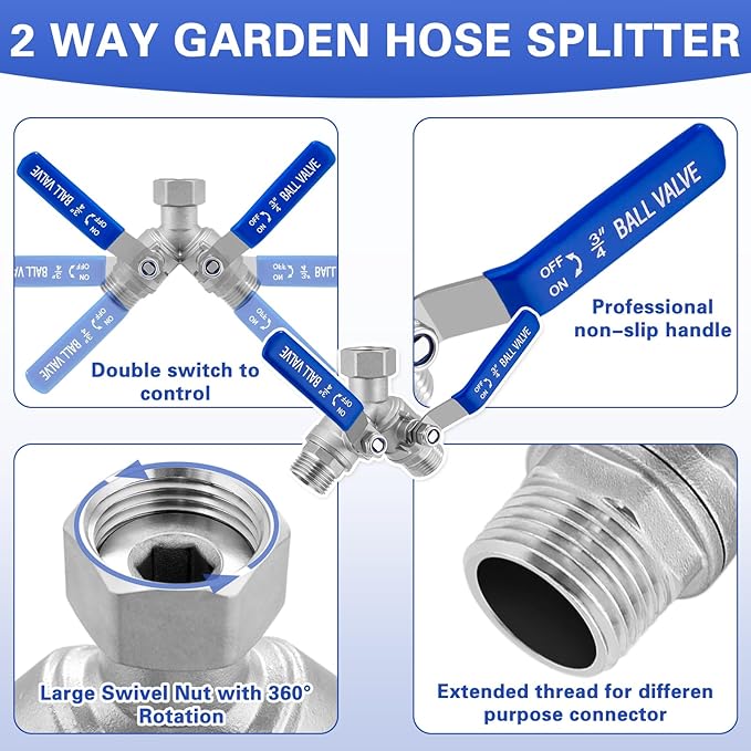 Garden Hose Splitter 2 Way Heavy Duty, 304 Stainless Steel Water Hose Splitter with Long Handle, Lead-free Y Water Garden Hose Splitter, 3/4" GHT Thread Full Flow 2 Way Water Hose Splitter