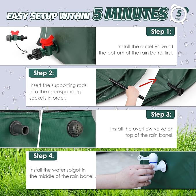 LANUEVA 100 Gallon Collapsible Rain Barrel, Rainwater Collection System with 2 Spigots, Overflow Kit and 2 Hoses, Portable Water Storage Tank with Scale Mark for Garden Plant Watering, Farm Irrigation