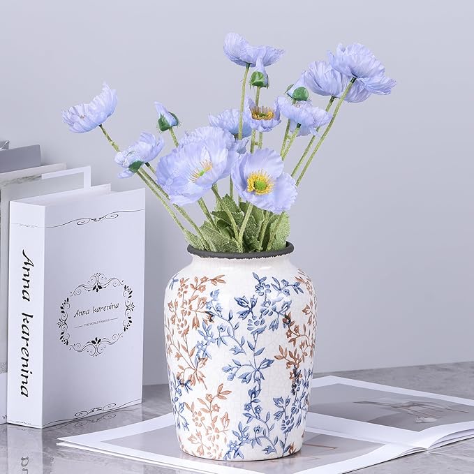 Vintage Vase for Flowers,Blue Chinoiserie Ceramic Vase,Rustic Farmhouse Cracked Vases,for Flower Arrangement,Living Room, Office, Shelf, Fireplace Tables,Centerpieces,Chinoiserie Pottery Decor(C)