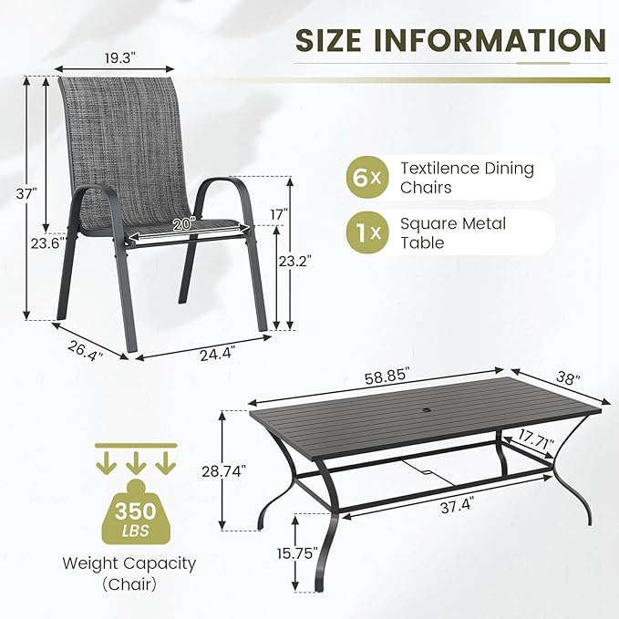 UDPATIO Patio Dining Set of 7, Outdoor Table and Chairs Set with Square Metal Table, 6 Stackable Patio Chairs with High Back, Outdoor Furniture for Deck Garden Backyard Lawn Poolside (Dark Grey)