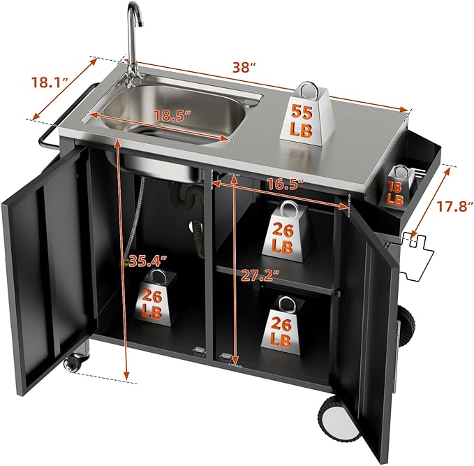Outdoor Grill Table with Sink, Grill Cart with 304 Stainless Steel Sink and Cabinet, Outdoor Grill Cart,Outdoor Cart Sink Station with Wheels, 38in x 18in x 35in