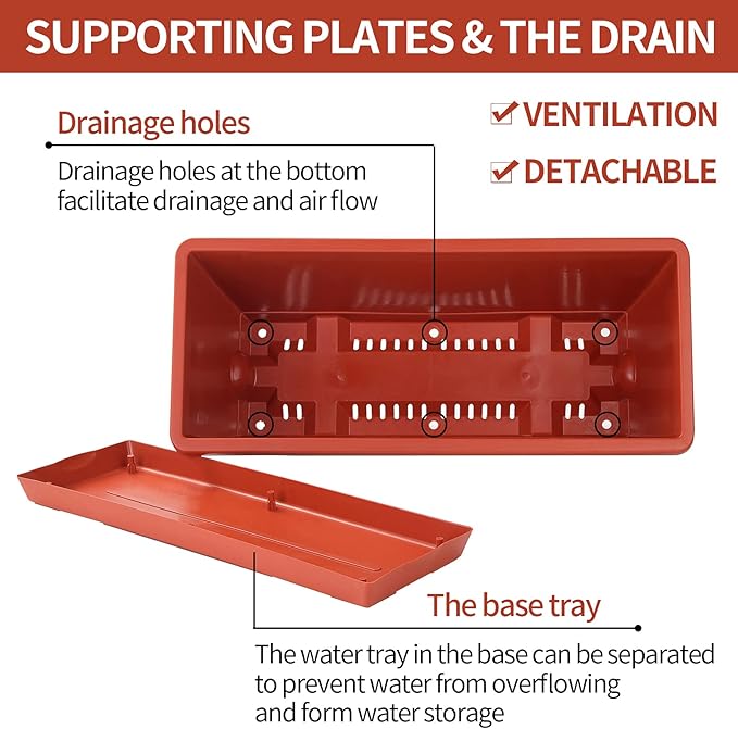 Window Box Planter, 12 Pack Plastic Vegetable Flower Planters Boxes 17 Inches Rectangular Flower Pots with Saucers for Indoor Outdoor Garden, Patio, Home Decor (Brick red)