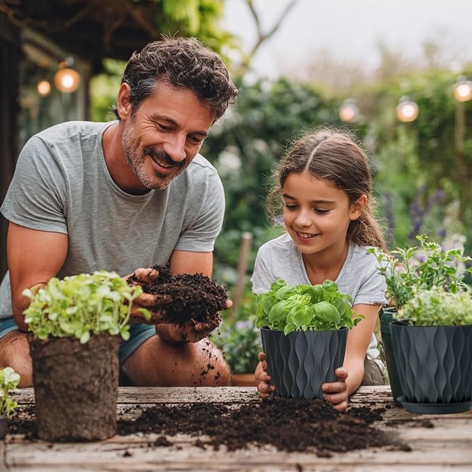 7 inch Plant Pots for Indoor Outdoor Plants, 5 Pack Thick Nursery Pots with Drainage Holes and Saucers, 3D Modern Wave Texture Plastic Planter Pots for Flowers and House Plants, Black