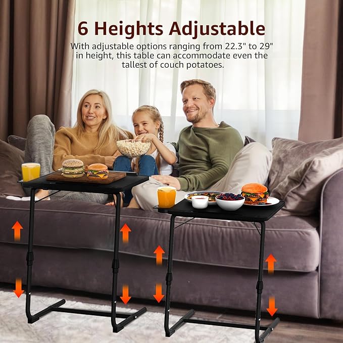 TV Trays Set of 2 - Folding TV Tray Adjustable Dinner Trays for Eating On Couch Wooden Tables Mate Stand Foldable Black Desk with Cup Holder Portable