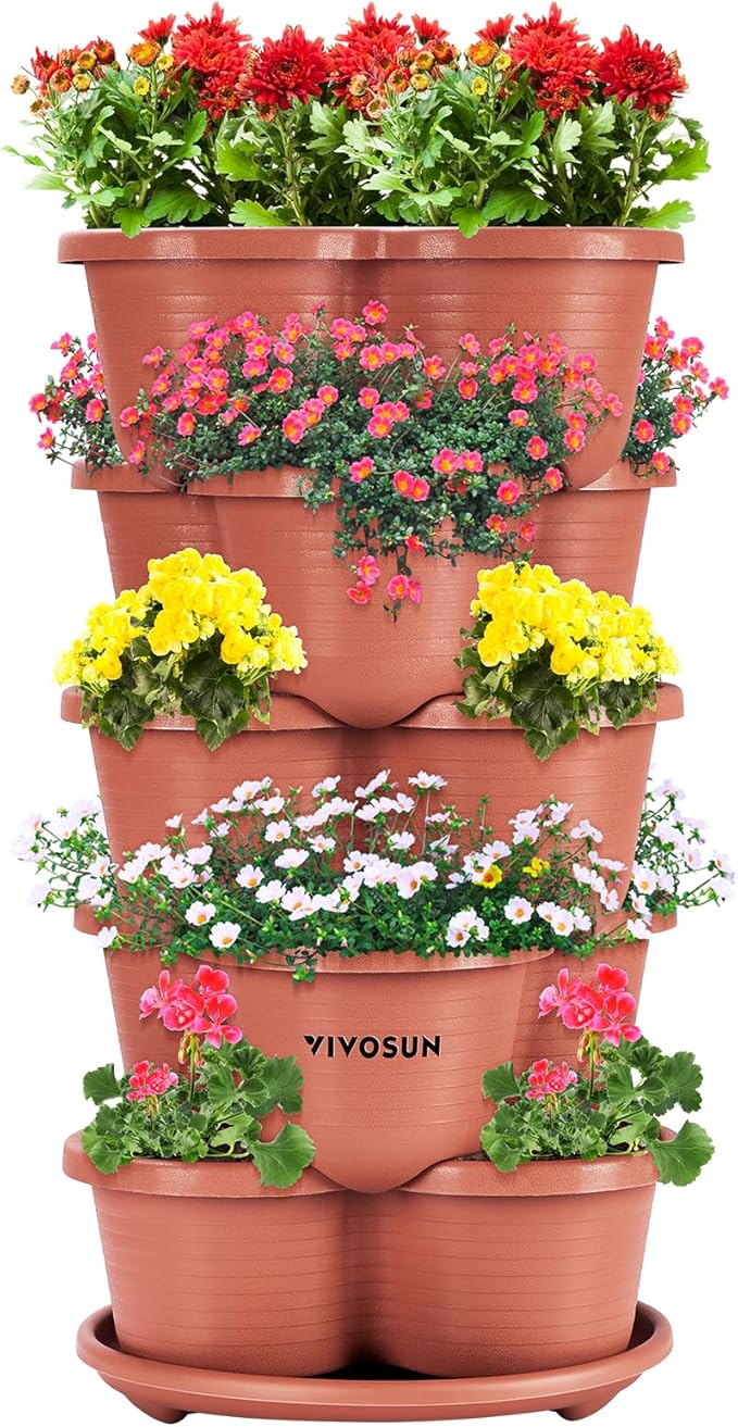 VIVOSUN 5 Tier Vertical Gardening Stackable Planter for Strawberries, Flowers, Herbs, Vegetables, Brown
