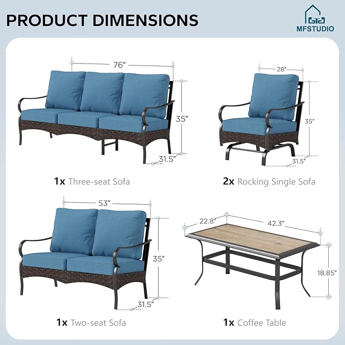 MFSTUDIO 5 PCS Outdoor Patio Furniture Set, Metal Outdoor Conversation Set, Rattan Wicker Patio Sectional Sofa Set with 2 x Rocking Single Sofa, 2-Seat and 3-Seat Sofa, 1 x Coffee Table, Navy Blue