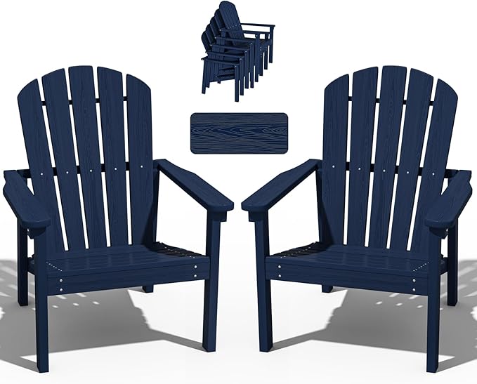 Stackable Adirondack Chair Set of 2, HDPE Outdoor Patio Chair - Durable and Space Saving, Suitable for Porches, Lawns or Garden, Navy