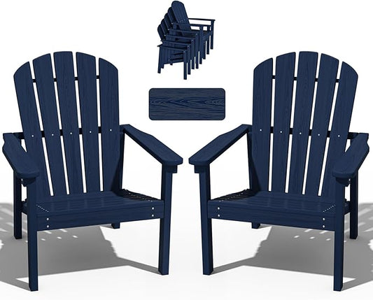Stackable Adirondack Chair Set of 2, HDPE Outdoor Patio Chair - Durable and Space Saving, Suitable for Porches, Lawns or Garden, Navy