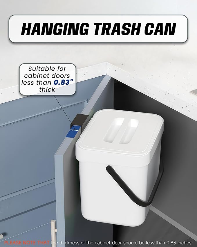 Kitchen Compost Bin - 1.8 Gallons Hanging Trash Can with Lid for Kitchen Cabinet Door, Under Sink, Wall Mounted Waste Bin for Bathroom, 7L(White)