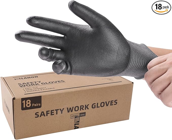LANON 18 Pairs Safety Work Gloves, Mechanic Working Gloves for Men,Breathable PU Coated, Seamless Knit,Double Wash, Grey, XXL