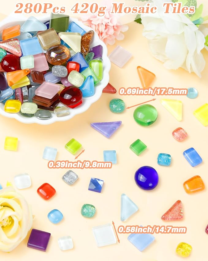 FIVEIZERO 420g Mosaic Tiles for Crafts - 280Pcs Glass Mosaic Kits, Mixed Shapes Mosaic Glass Pieces for Art, Irregular Tiny Mosaic Tile for DIY Projects, Home Decoration(White)