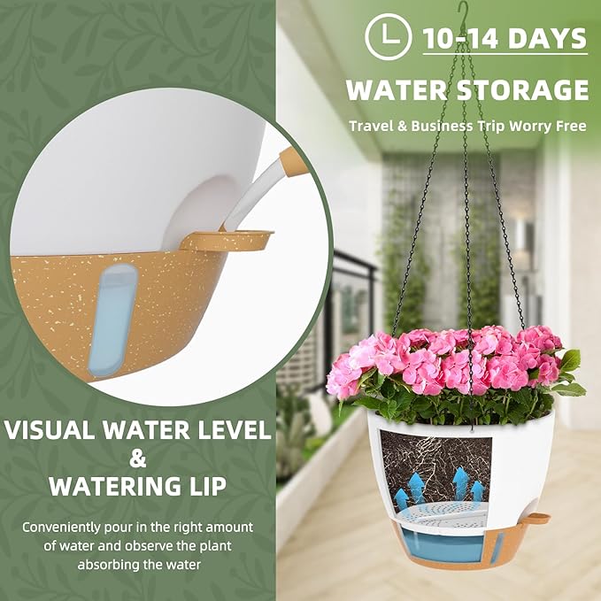 ZMTECH 12 Inch Hanging Planters for Indoor Outdoor Plants, 2 Pack Self Watering Hanging Plant Pots with Drainage Hole, Visual Reservoir, Plastic Flower Hanging Pots with Watering Lip (White)