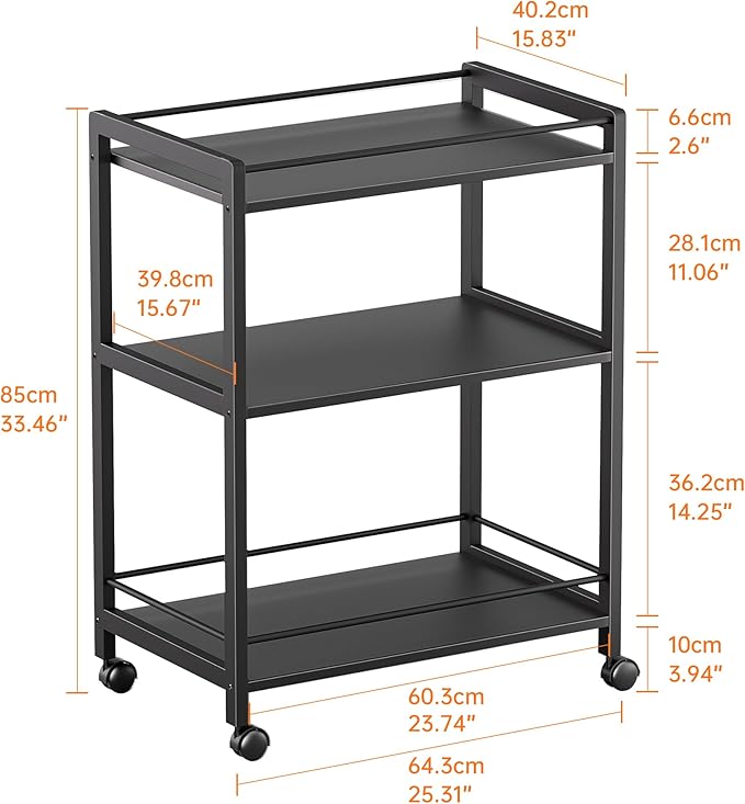 HITNET Bar Cart Black, Serving Cart for Home, 3 Tier Drinks Cart with Wheels, Rolling Beverage Cart for Kitchen Dining Living Room