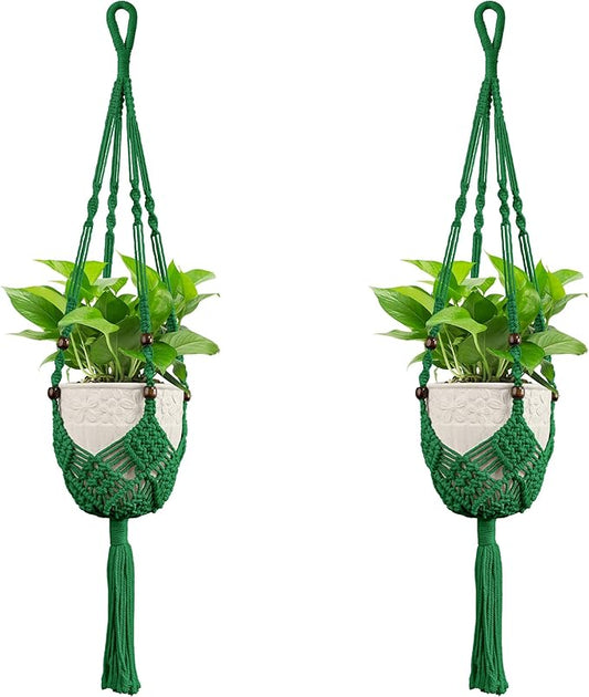 USLAI Macrame Handmade Basket Plant Hanger (2-Pack), for 3-8 Inch Pots, Indoor Outdoor Strong Hanging Planter Flower Pot Holder with Beads and Tassels, Boho Home Decor (POTS NOT Included) (Green)