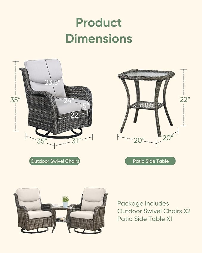 HUMMUH High Back Outdoor Swivel Rocker Patio Chairs Set of 2, with 5-Inch Thick Cushions and Side Table,All-Weather Patio Furniture for Porch,Poolside, Deck, and Yard
