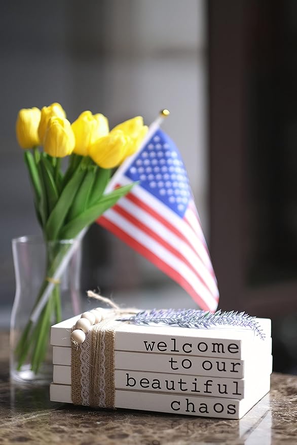 Lavender Inspired Welcome to Our Beautiful Chaos - Rustic Farmhouse Stacked Books - Set of 4 Wooden Book Bundle - Farmhouse Home Decor - Housewarming Gift