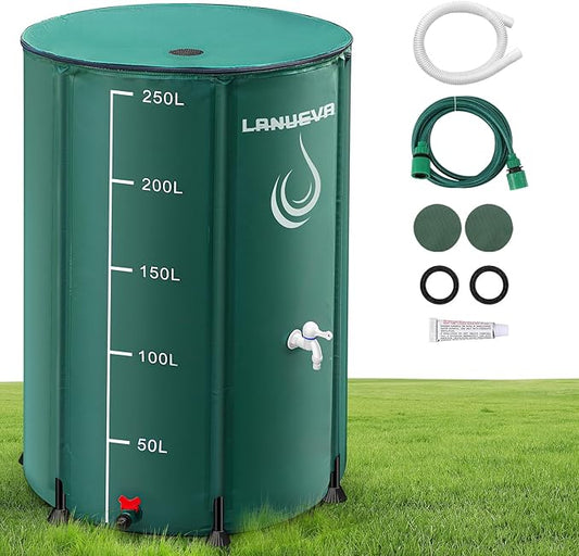 LANUEVA 66 Gallon Collapsible Rain Barrel, Rainwater Collection System with 2 Spigots, Overflow Kit and 2 Hoses, Portable Water Storage Tank with Scale Mark for Garden Plant Watering, Farm Irrigation