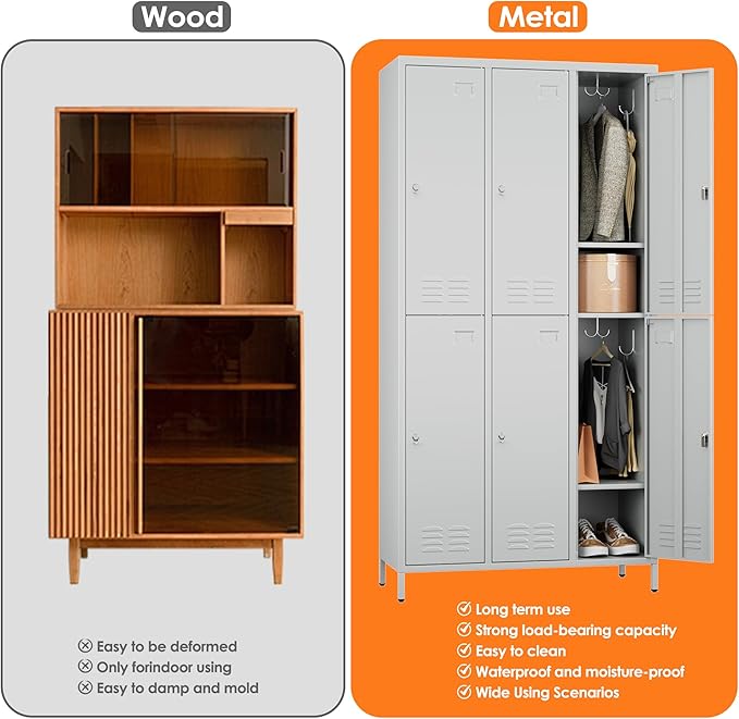 METAN Metal Locker for School Office Gym Bedroom,6 Doors Steel Storage Lockers Cabinet for Employees,Industrial Storage with 1 Shelf,Assembly Required,Light Gray