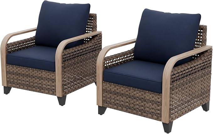 EAGLE PEAK Modern Wicker Outdoor Chair, Patio Chair Curved Armrest, Rattan Patio Furniture for Yard Deck Porch Garden, 2 Chairs, Brown/Blue