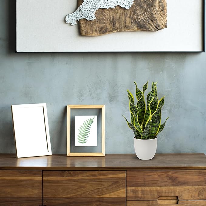 Hollyone Artificial Snake Plant Potted Faux Sansevieria Trifasciata Plants, 16.5" Tropical Fake Snake Plants in White Pots for Home Office Room Indoor Decor Housewarming Gifts