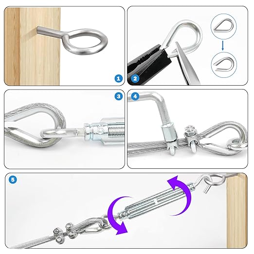 M6 Turnbuckles for Cables Wire Kit, 1/8" PVC Coated Steel Cable Kit w/ 7×7 Strand Core & 100Ft Wire Rope Tensioner Strainer for String Light Hanging/Deck Stair Railings/Shade Sail/Clothes Line