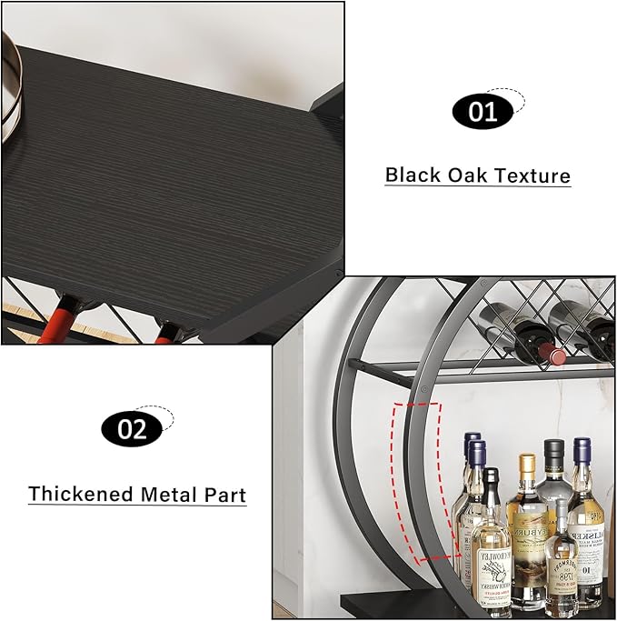 LVB Black Wine Cart with Wheels, Modern Bar Cart with Wine Rack, Industrial Beverage Rolling Kitchen Serving Cart with Storage, Metal Wooden Microwave Drink Liquor Cart for Home Dining Room, Black Oak