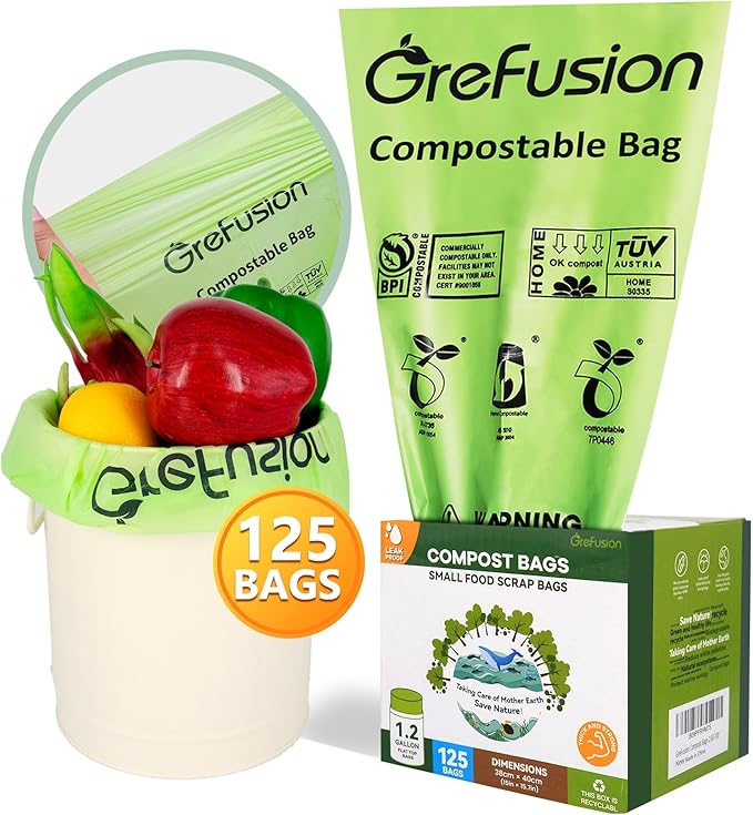 Compostable Bags for Kitchen Compost Bin, 1.2 Gallon, 125 Count, Certified by BPI and ASTM, Leakproof and Odor Control