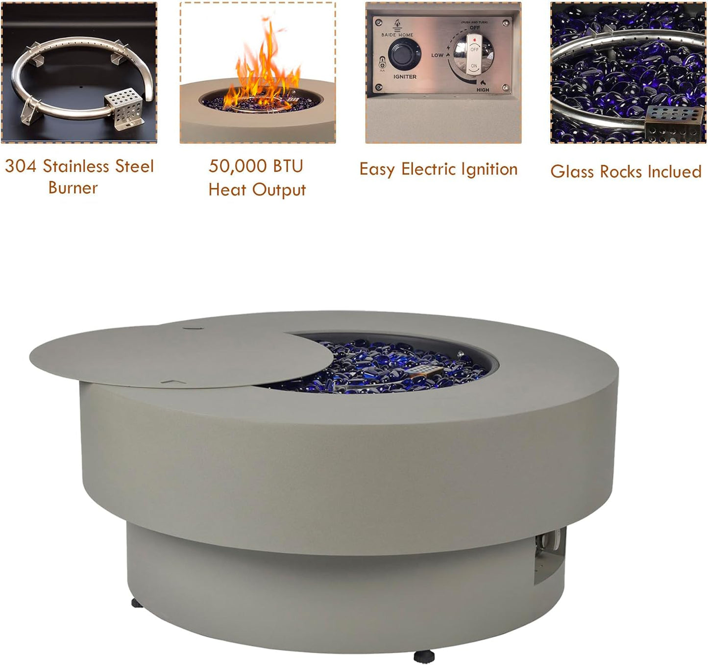 32.5-inch Outdoor Gas Fire Pit with 20lb Propane Tank Cover Table, 50,000BTU Propane Gas Fire Pits for Outside Patio w/Round Burner Lid, Glass Rocks, Pre-Attached 10ft External Gas Hose