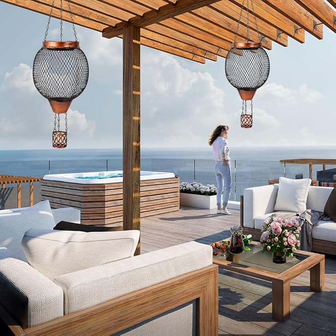 Starsoul 2 PC Cage Hot Air Balloon Solar Lantern with Flame Glass Outdoor Hanging Hot Air Balloon Solar Light Lamp Waterproof Garden Patio Yard Party Decorations