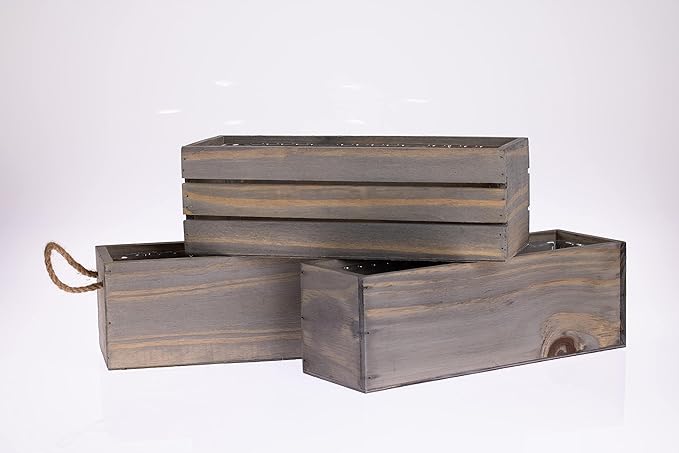 Wooden Planter Box with Handle, Rustic Barn Wood, Plastic Liner l Garden Decor l Restaurant and Wedding Decorations l Wedding Table Centerpiece (12x4 w Handle Set of 4, Natural)