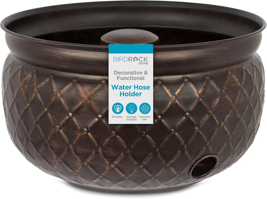 BIRDROCK HOME Water Hose Holder - Decorative Metal Pot, Indoor or Outdoor, Garden Storage Organizer, Patio Portable Bucket - Embossed Steel w/ Copper Accents, Holds up to 100ft Hoses, Medium No Lid