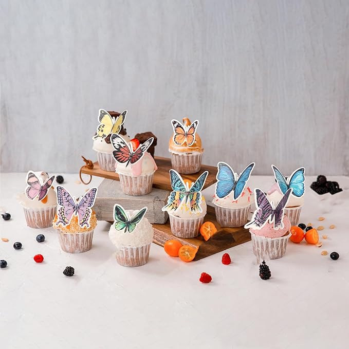 60 PCS Edible Butterfly Cupcake Toppers Wafer Paper Butterflies Cupcake Picks Butterfly Birthday Decorations for Edible Butterflies Theme Birthday Wedding Party Cake Decoration Supplies Colorful