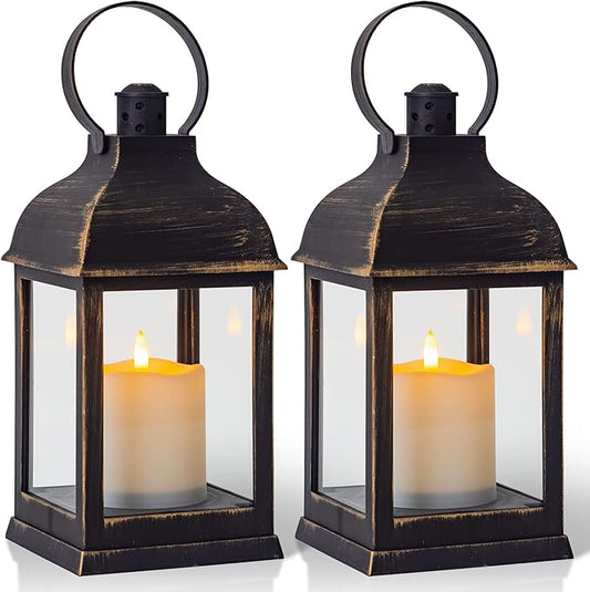 Vintage Lantern Decorative LED Flickering Flameless Candle with Timer, Battery Powered LED Decorative Hanging Golden Brushed Black Lanterns for Indoor Outdoor Garden Yard Home Decor(2 Pack)