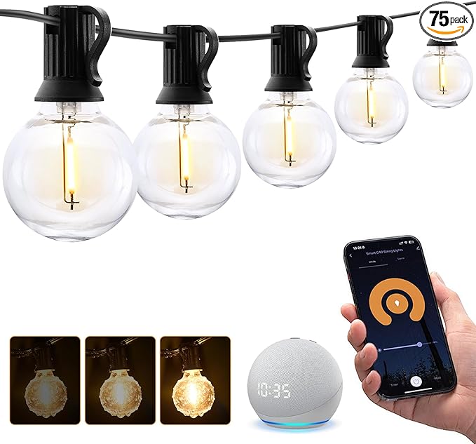 XMCOSY+ Smart Outdoor String Lights, 150Ft G40 Globe Patio Lights with 75 LED Bulbs, WiFi & APP Control, Work with Alexa, Extendable Waterproof Dimmable LED String Lights for Outside, Porch, Cafe