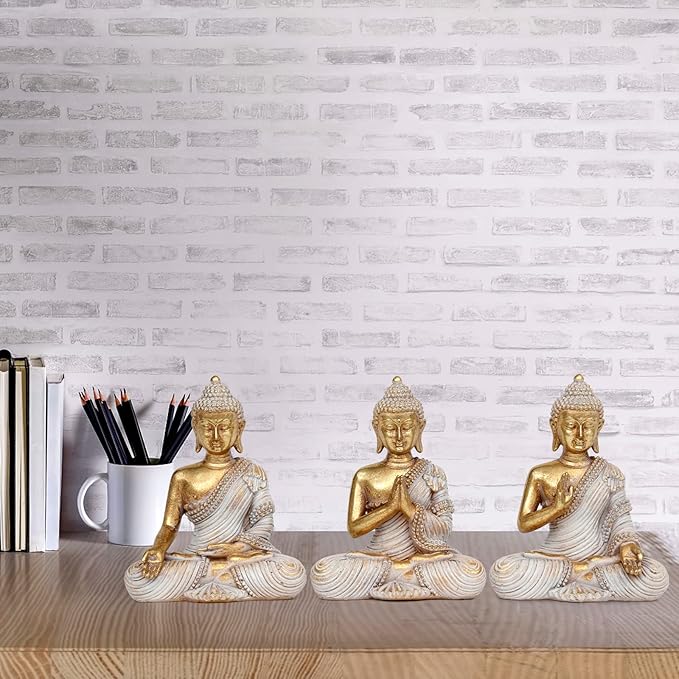 Buddha Statue for Home Decor Gold 4.3'' Set of 3-Small Buddha Statues for Zen Decor-Table Desk Spiritual Decor-Buddha Decor for Living Room-Indoor Buddha Gift for Relaxation, Meditation or Shrine