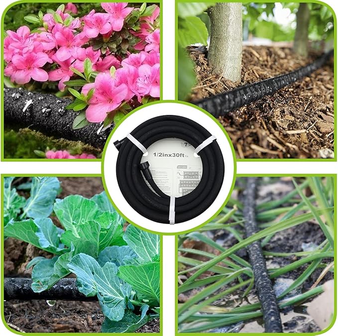 Soaker Hose 25ft - Garden Rubber Soaking Drip Hoses 5/8" Saving 70% Water Garden Hose, Drip Irrigation Round Hose for Lawn Yard, flower beds