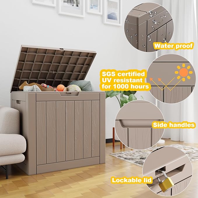 30 Gallon Outdoor Deck Box,Storage Lockable Waterproof Patio Furniture,Garden Tools,Cushions,Pool Accessories Outside Storage Resin Box(Grey)