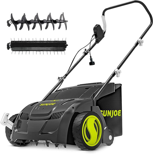 Sun Joe Electric Lawn Dethatcher & Scarifier with 8-Gal Bag, 12 Amp, 12.6 Inch, Black - Heavy Duty Gardening Machine and Equipment for Lawn, Yard, and Grass, AJ801E