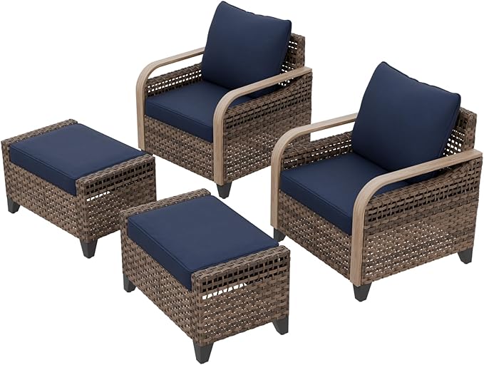 EAGLE PEAK Modern Wicker Outdoor Chair, Patio Chair Curved Armrest, Rattan Patio Furniture for Yard Deck Porch Garden, 2 Chairs 2 Ottomans, 4 Pieces, Brown/Blue