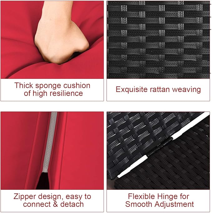 Tangkula 2-Person Patio Lounge Chair, Outdoor Rattan Double Wicker Daybed Chaise Lounge Chair with Adjustable Backrest Wheels & Cushion, Patio Sofa for Garden Lawn Backyard (Red)