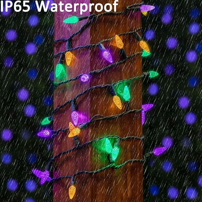 Solar Mardi Gras Lights, Yellow Green Purple Decor Lights, 100 LEDs 8 Modes Waterproof Solar Outdoor C6 Strawberry Garden Lights for Mardi Gras, Camping, Holiday, Arbor, Fence, Balcony Decorations