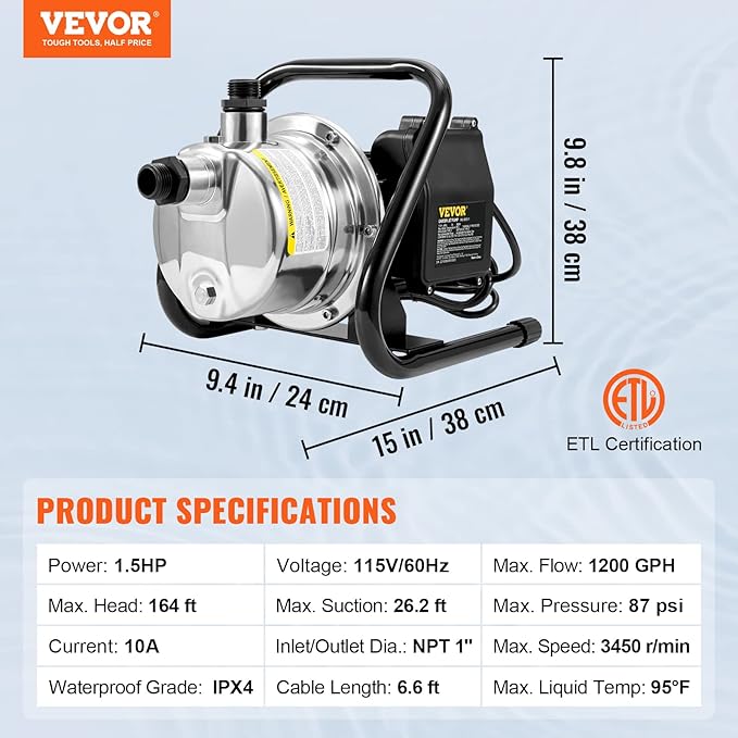 VEVOR 1.5 HP Portable Shallow Well Pump, 1200 GPH Garden Jet Pump, 115V, 164 ft Height, Stainless Steel Sprinkler Booster Pumps for Garden Lawn Irrigation system, Lake Fountain, Water Transfer