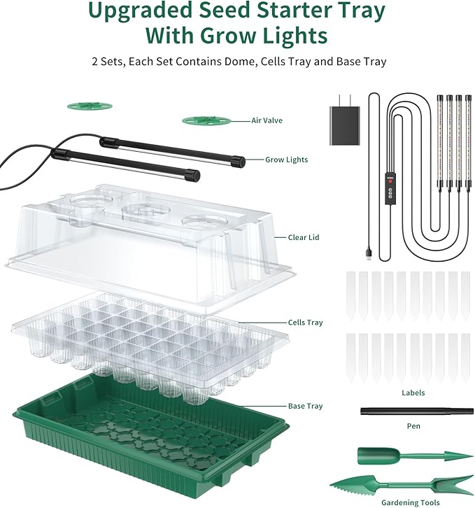 Seed Starter Tray, 80-Cells Seedling Starter Trays with Grow Light and Humidity Dome, Reusable Seed Germination Kit for Indoor Gardening Seed Starting (2 Pack, Green Base)