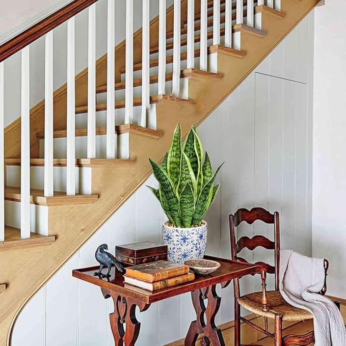 Hollyone Artificial Snake Plant Potted Faux Sansevieria Trifasciata Plants, 15.7" Tropical Fake Plants in Blue and White Porcelain Pots for Home Office Room Indoor Decor Housewarming Gifts