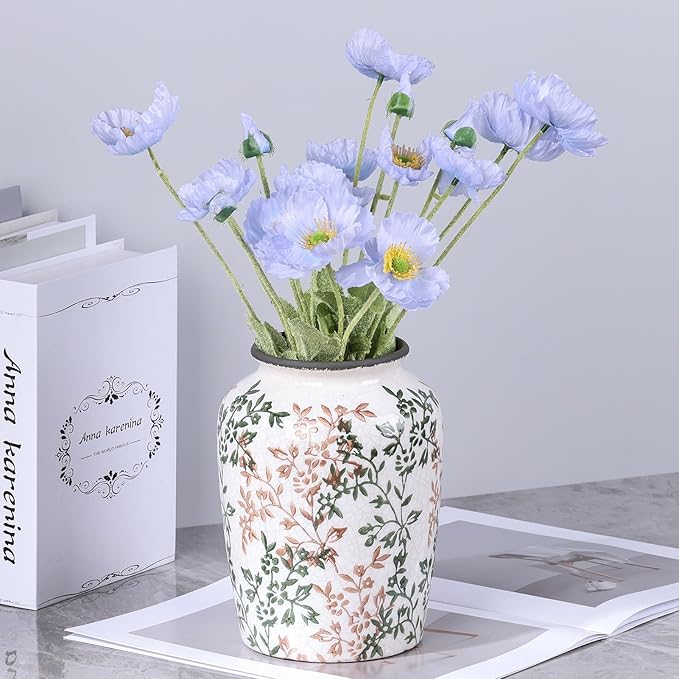 Vintage Vase for Flowers,Green Chinoiserie Ceramic Vase,Rustic Farmhouse Cracked Vases,for Flower Arrangement,Living Room, Office, Shelf, Fireplace Tables,Centerpieces,Chinoiserie Pottery Decor(D)