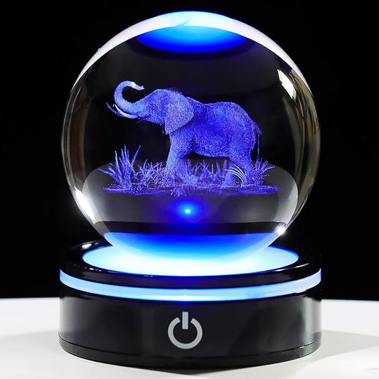 YWHL 3D Elephant Figurine Crystal Ball with Colorful Light Base, Elephant Gift for Women and Men on Christmas or Birthday, 3D Laser Engraved Full Sphere Glass Decorative Ball for Home or Office (80mm)