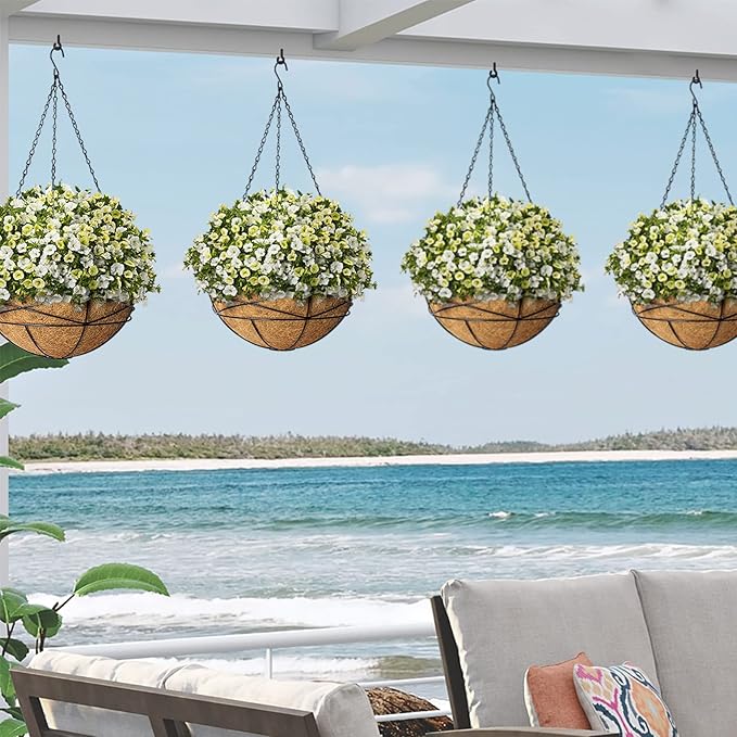 2 Pack 12 Inch Hanging Planters for Outdoor Plants Metal Watering Flower Baskets with Coco Liner for Hanging Pot Round Plant Holders Planter for Outside Garden Decor